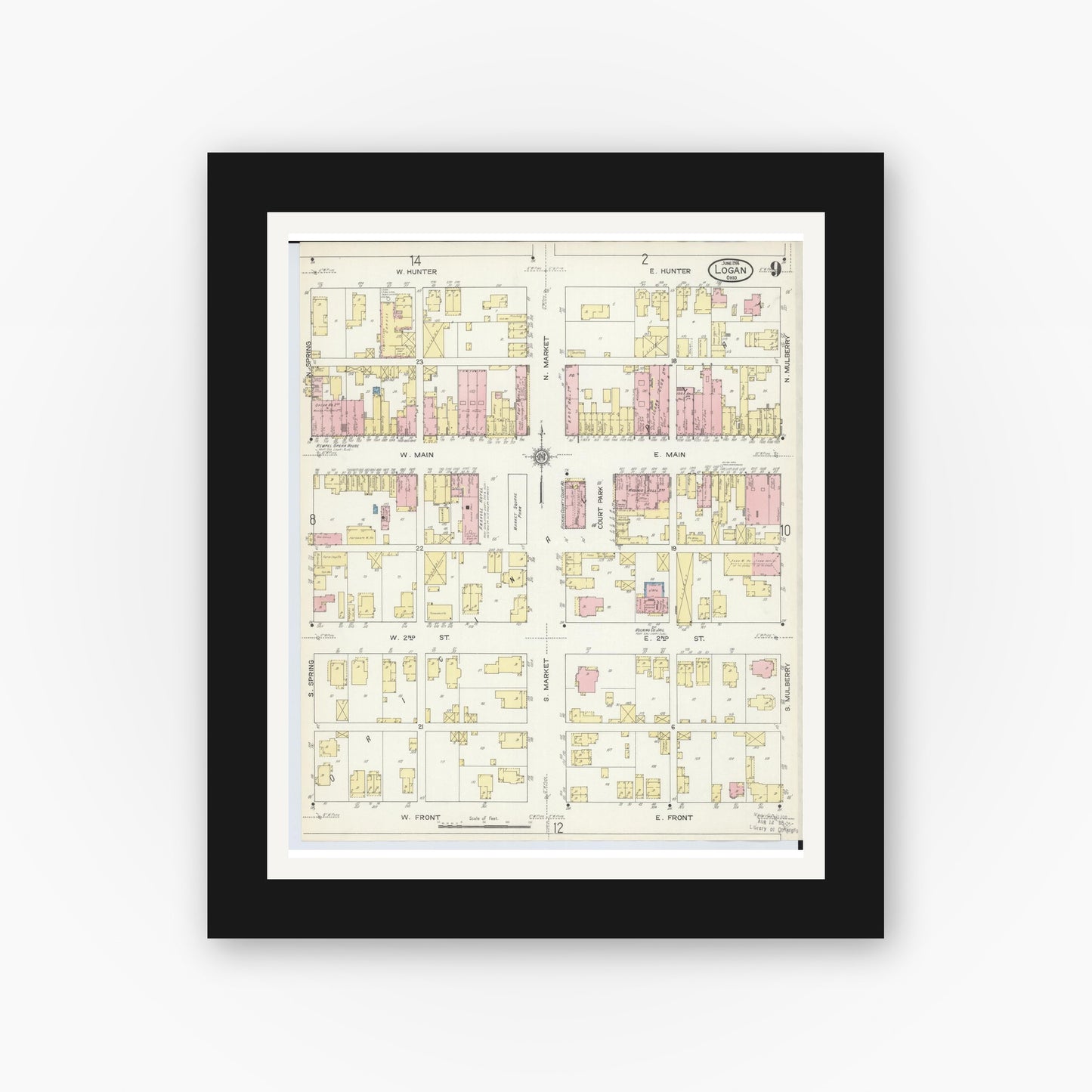Old map wall art mockup — black gallery frame with white mat — Sanborn Fire Insurance Map from Logan, Hocking County, Ohio (1914), Sheet #0009