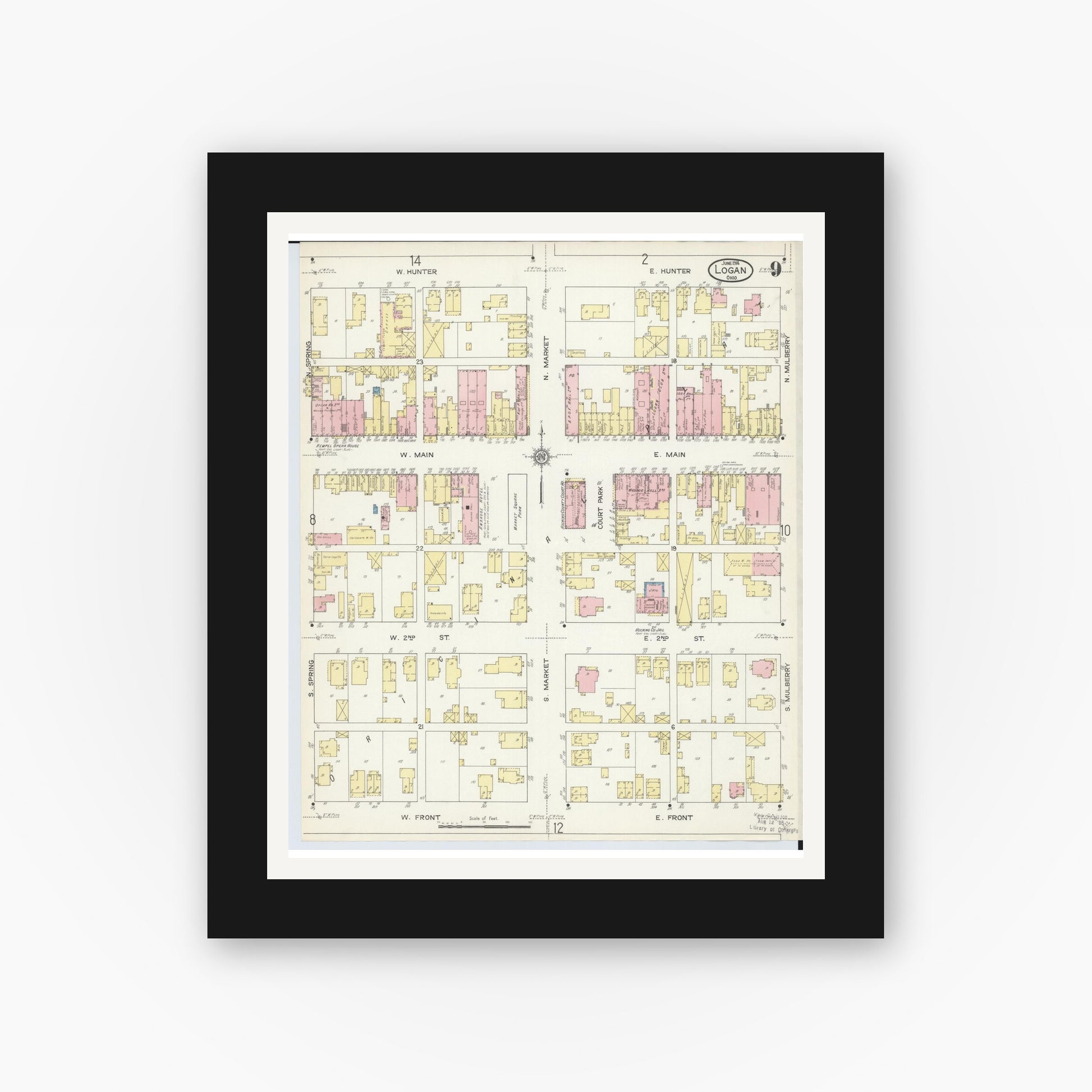 Old map wall art mockup — black gallery frame with white mat — Sanborn Fire Insurance Map from Logan, Hocking County, Ohio (1914), Sheet #0009
