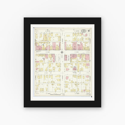 Old map wall art mockup — black gallery frame with white mat — Sanborn Fire Insurance Map from Logan, Hocking County, Ohio (1914), Sheet #0009