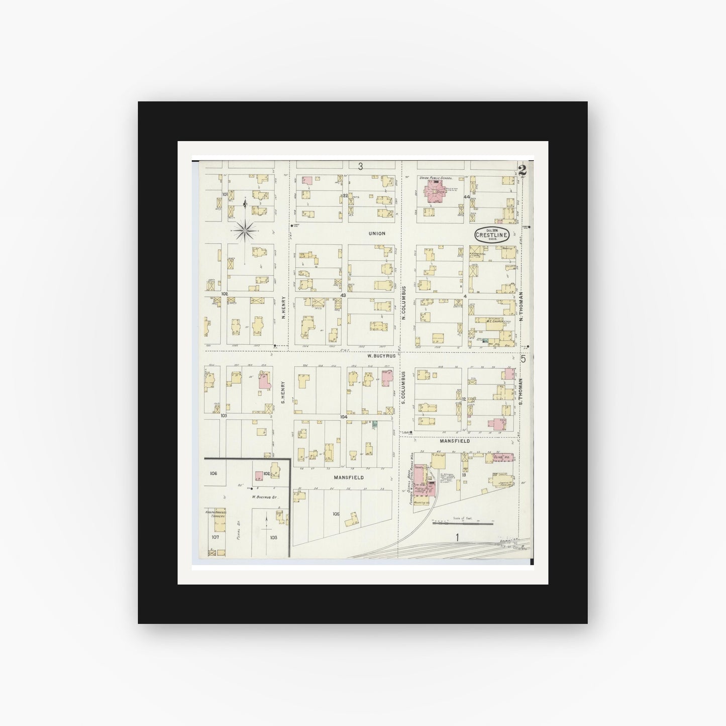Old map wall art mockup — black gallery frame with white mat — Sanborn Fire Insurance Map from Crestline, Crawford County, Ohio (1896), Sheet #0002