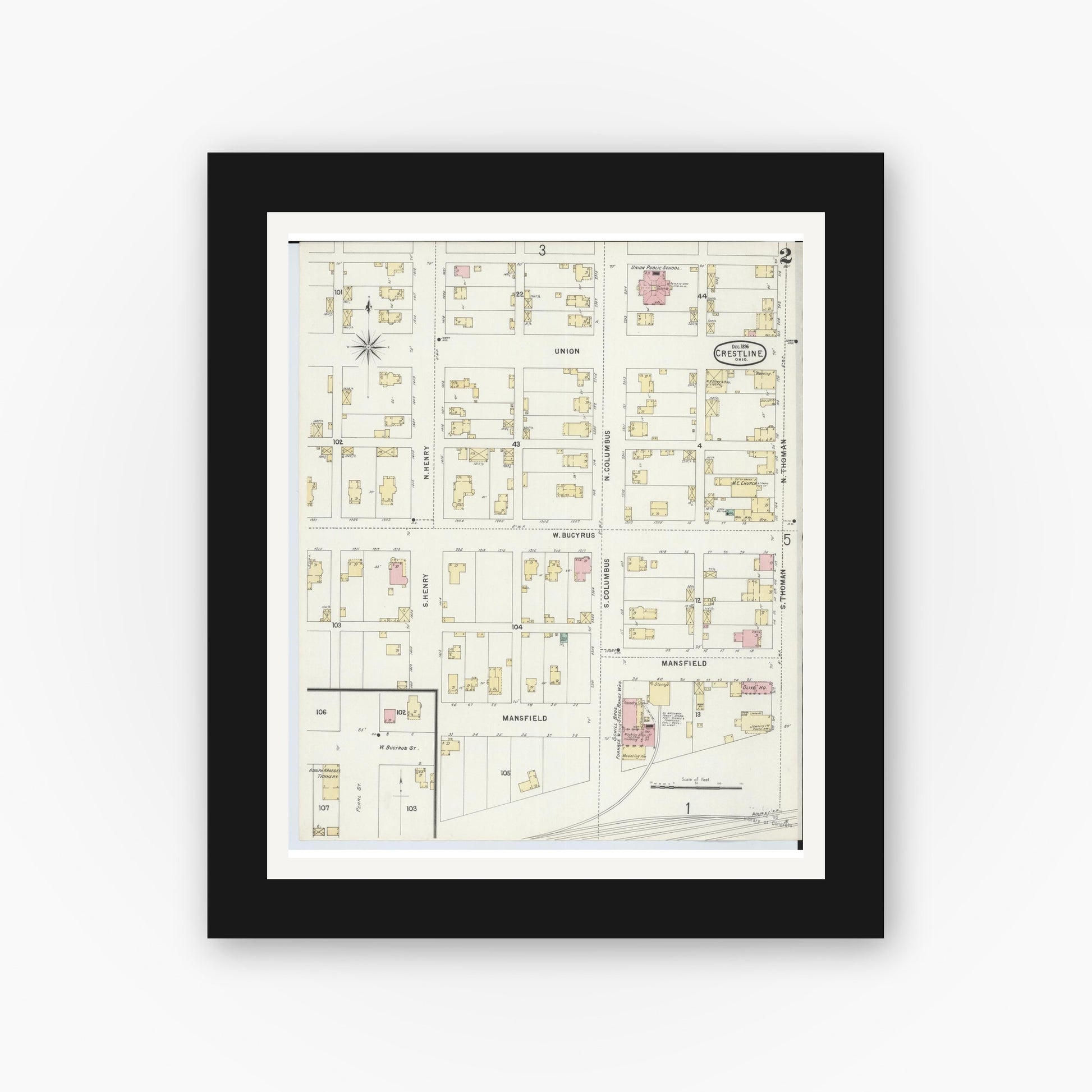 Old map wall art mockup — black gallery frame with white mat — Sanborn Fire Insurance Map from Crestline, Crawford County, Ohio (1896), Sheet #0002