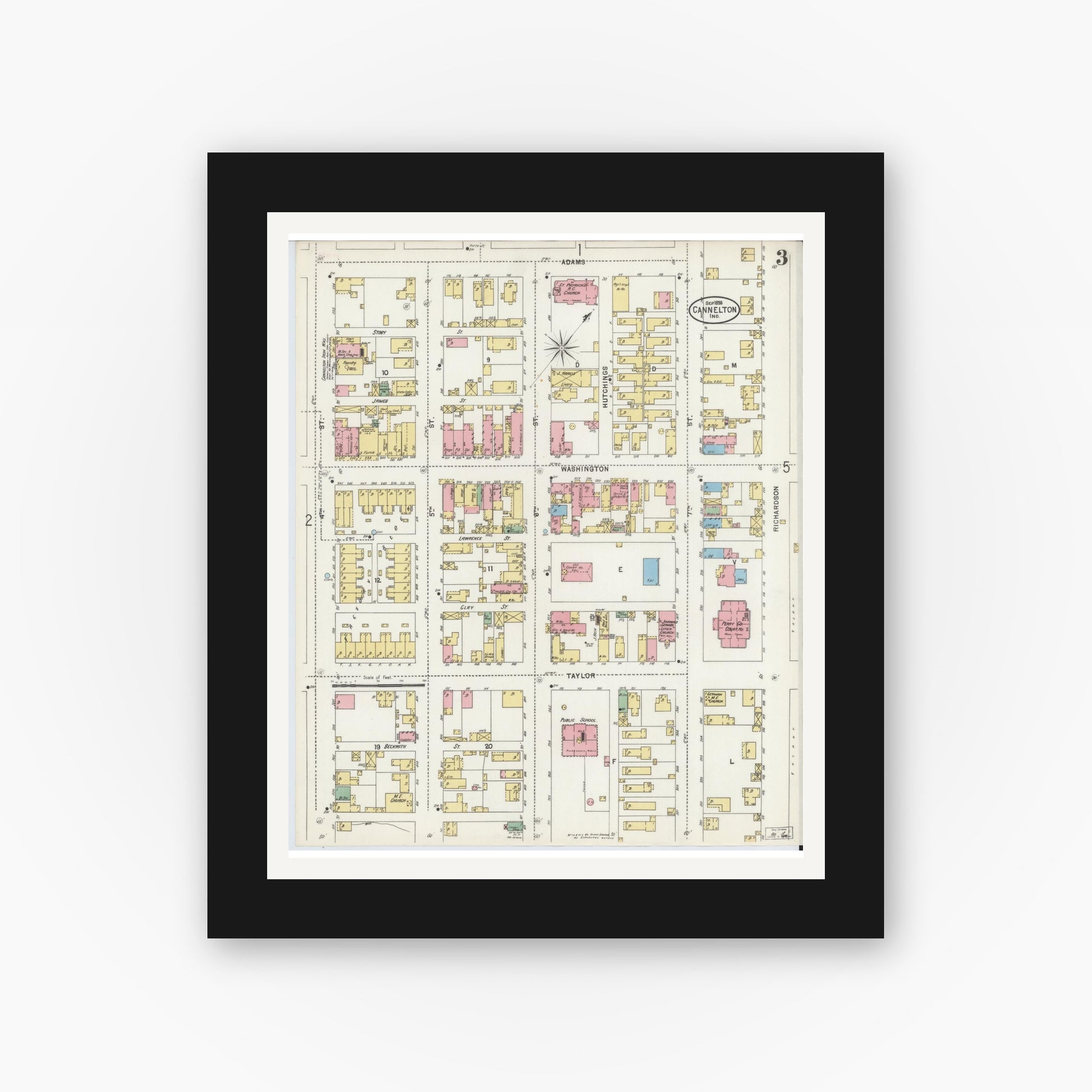 Old map wall art mockup — black gallery frame with white mat — Sanborn Fire Insurance Map from Cannelton, Perry County, Indiana (1898), Sheet #0003