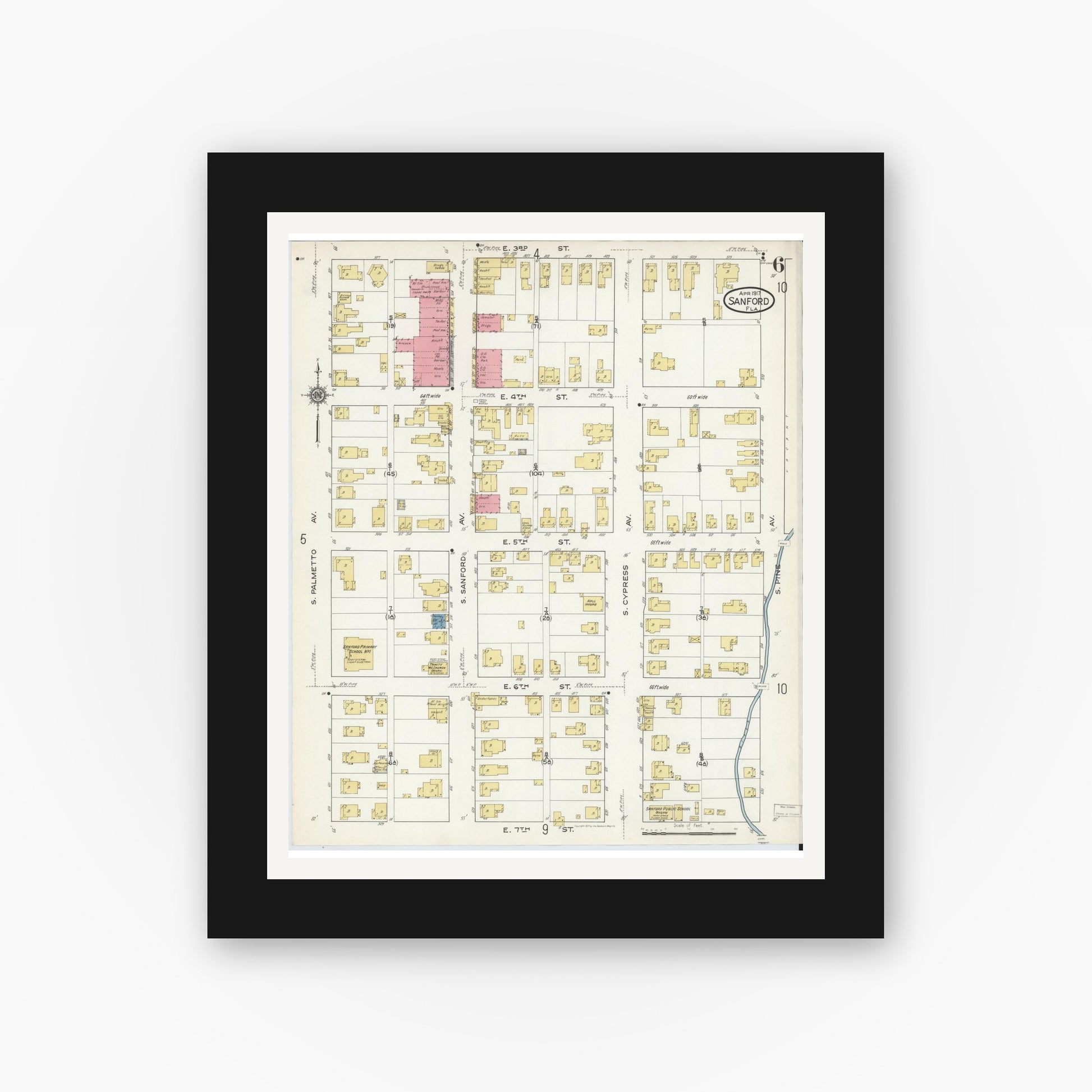 Old map wall art mockup — black gallery frame with white mat — Sanborn Fire Insurance Map from Sanford, Seminole County, Florida (1917), Sheet #0006