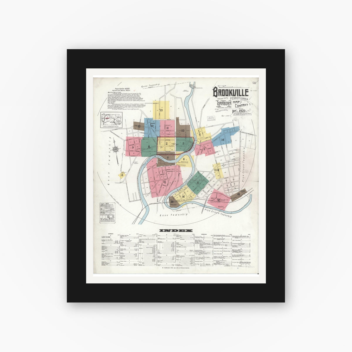 Old map wall art mockup — black gallery frame with white mat — Sanborn Fire Insurance Map from Brookville, Jefferson County, Pennsylvania (1921) - Complete Map Set