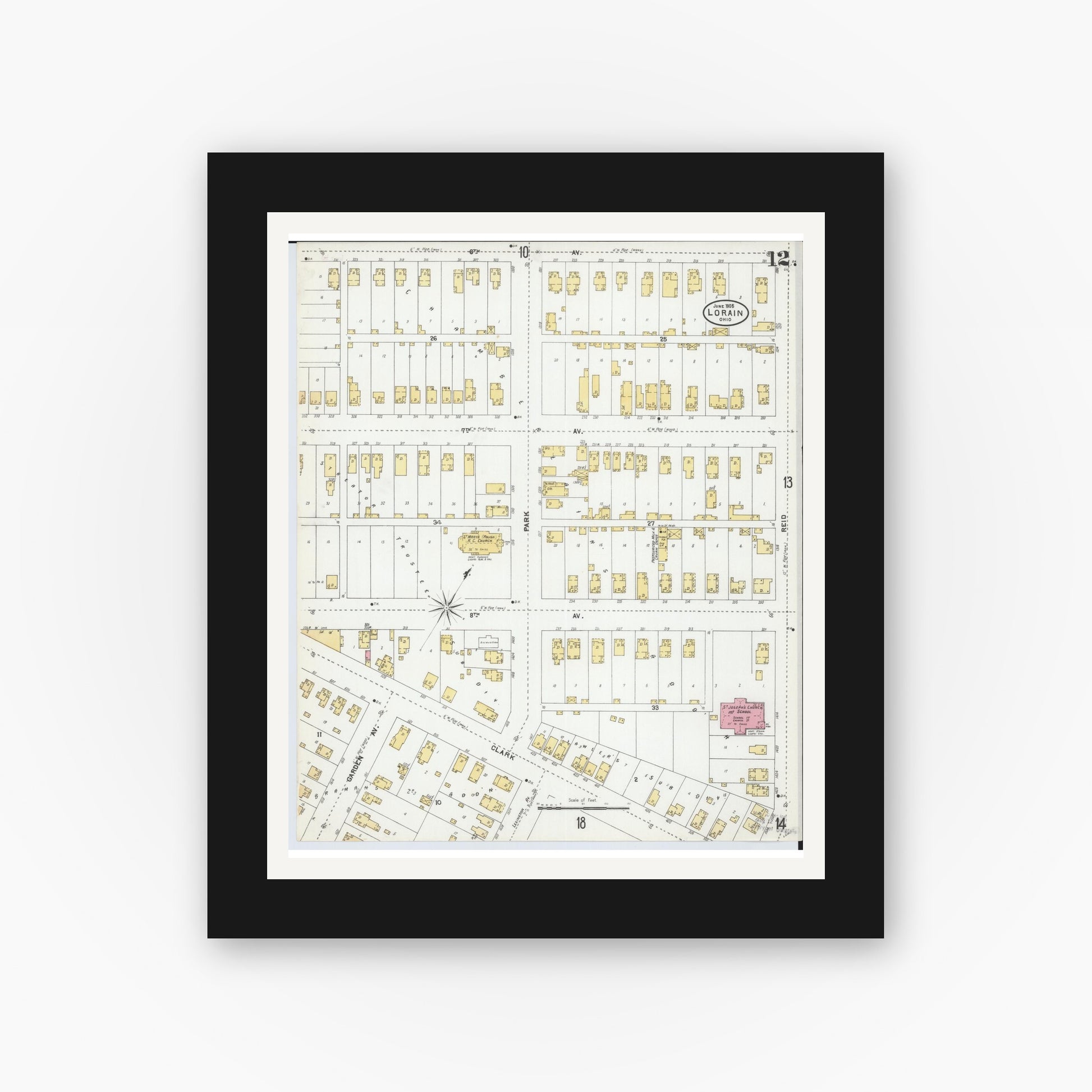 Old map wall art mockup — black gallery frame with white mat — Sanborn Fire Insurance Map from Lorain, Lorain County, Ohio (1905), Sheet #0012