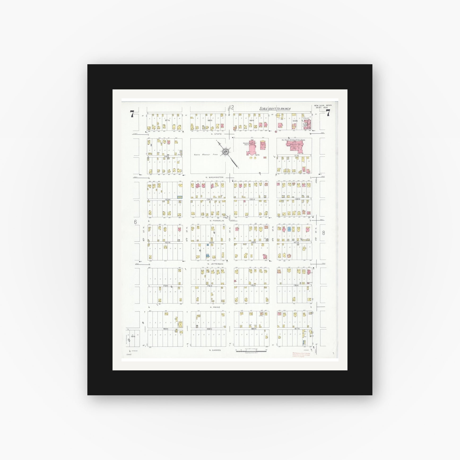 Old map wall art mockup — black gallery frame with white mat — Sanborn Fire Insurance Map from New Ulm, Brown County, Minnesota (1935), Sheet #0007