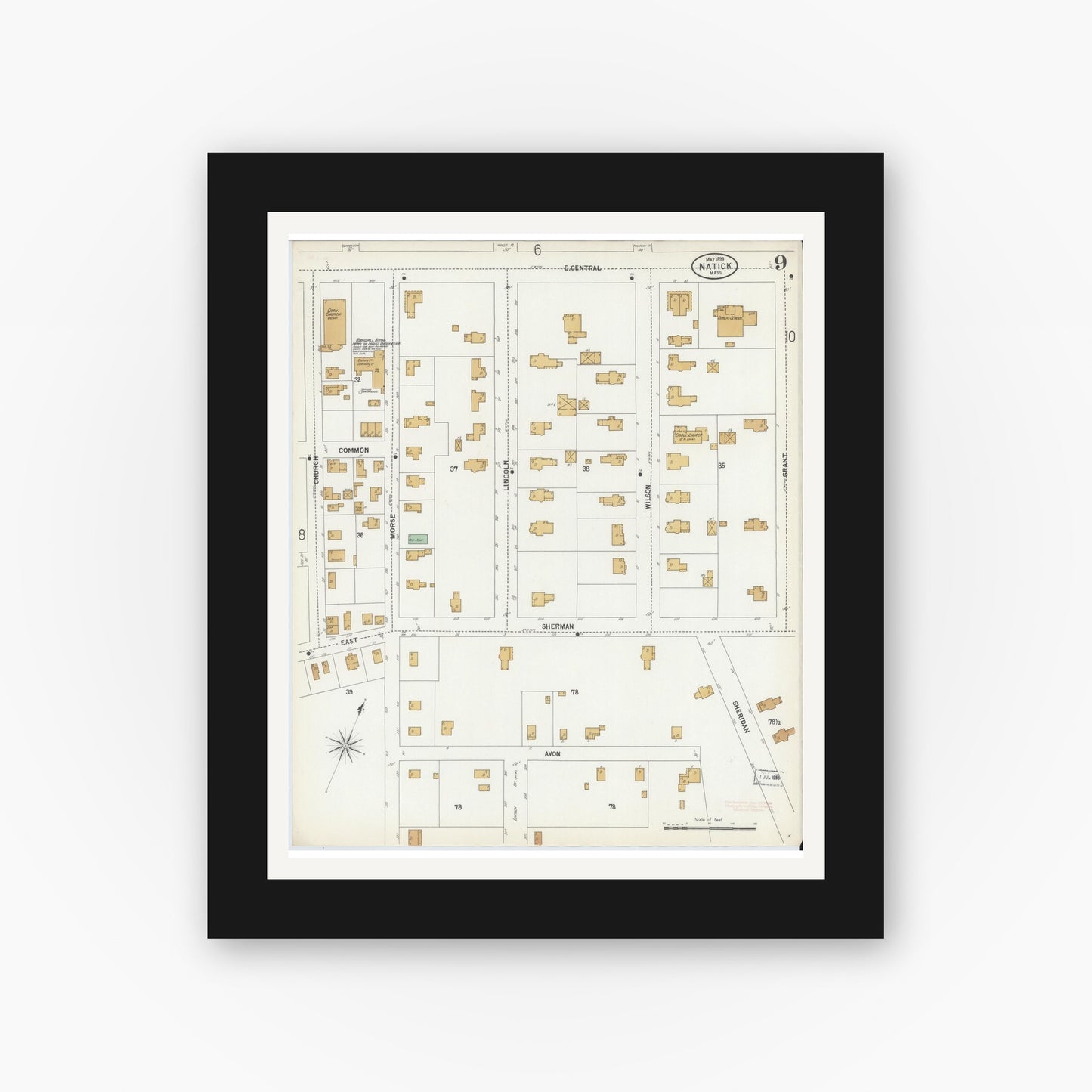 Old map wall art mockup — black gallery frame with white mat — Sanborn Fire Insurance Map from Natick, Middlesex County, Massachusetts (1899), Sheet #0009