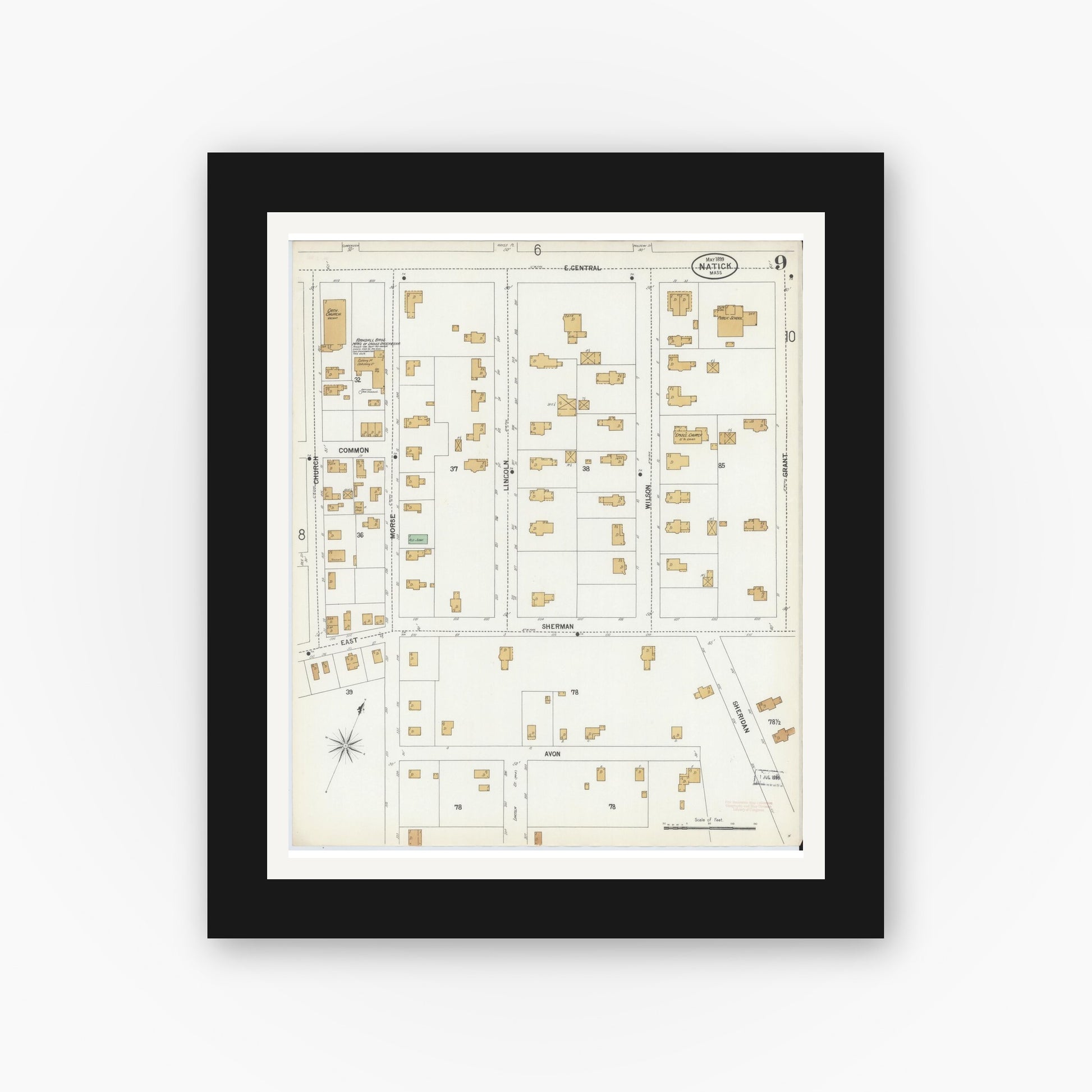 Old map wall art mockup — black gallery frame with white mat — Sanborn Fire Insurance Map from Natick, Middlesex County, Massachusetts (1899), Sheet #0009