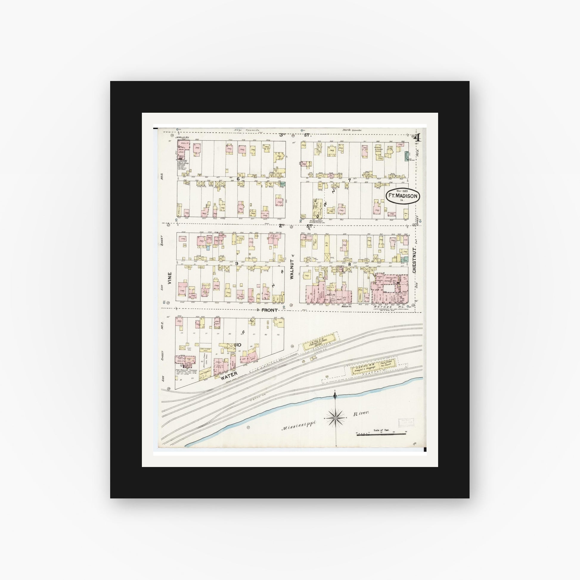 Old map wall art mockup — black gallery frame with white mat — Sanborn Fire Insurance Map from Fort Madison, Lee County, Iowa (1889), Sheet #0004