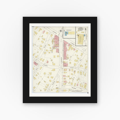 Old map wall art mockup — black gallery frame with white mat — Sanborn Fire Insurance Map from Oxford, Oakland County, Michigan (1915), Sheet #0003