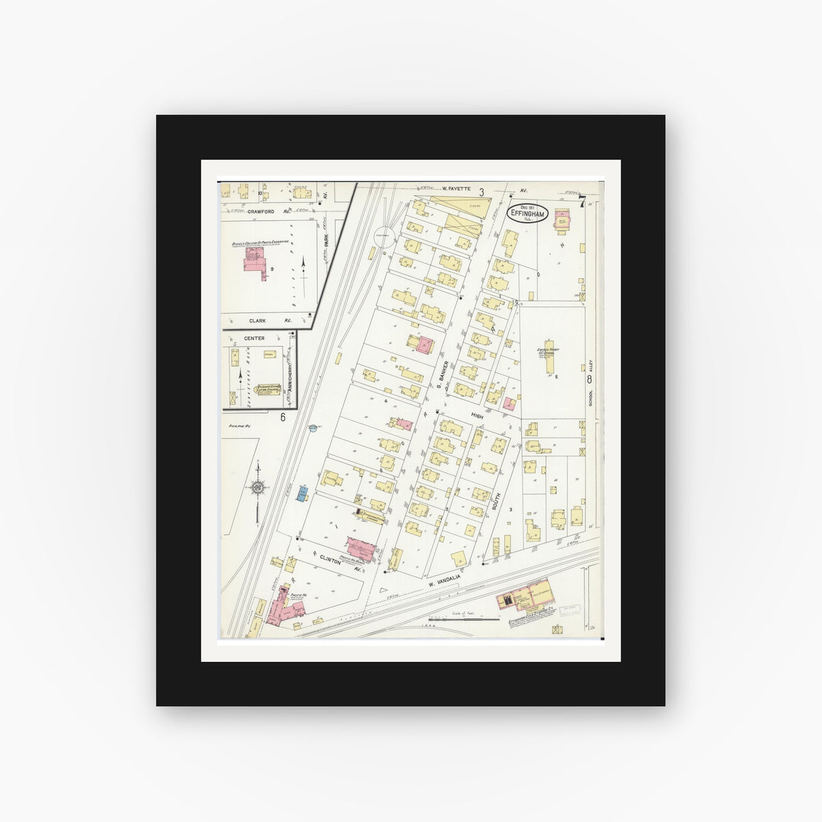 Old map wall art mockup — black gallery frame with white mat — Sanborn Fire Insurance Map from Effingham, Effingham County, Illinois (1911), Sheet #0007