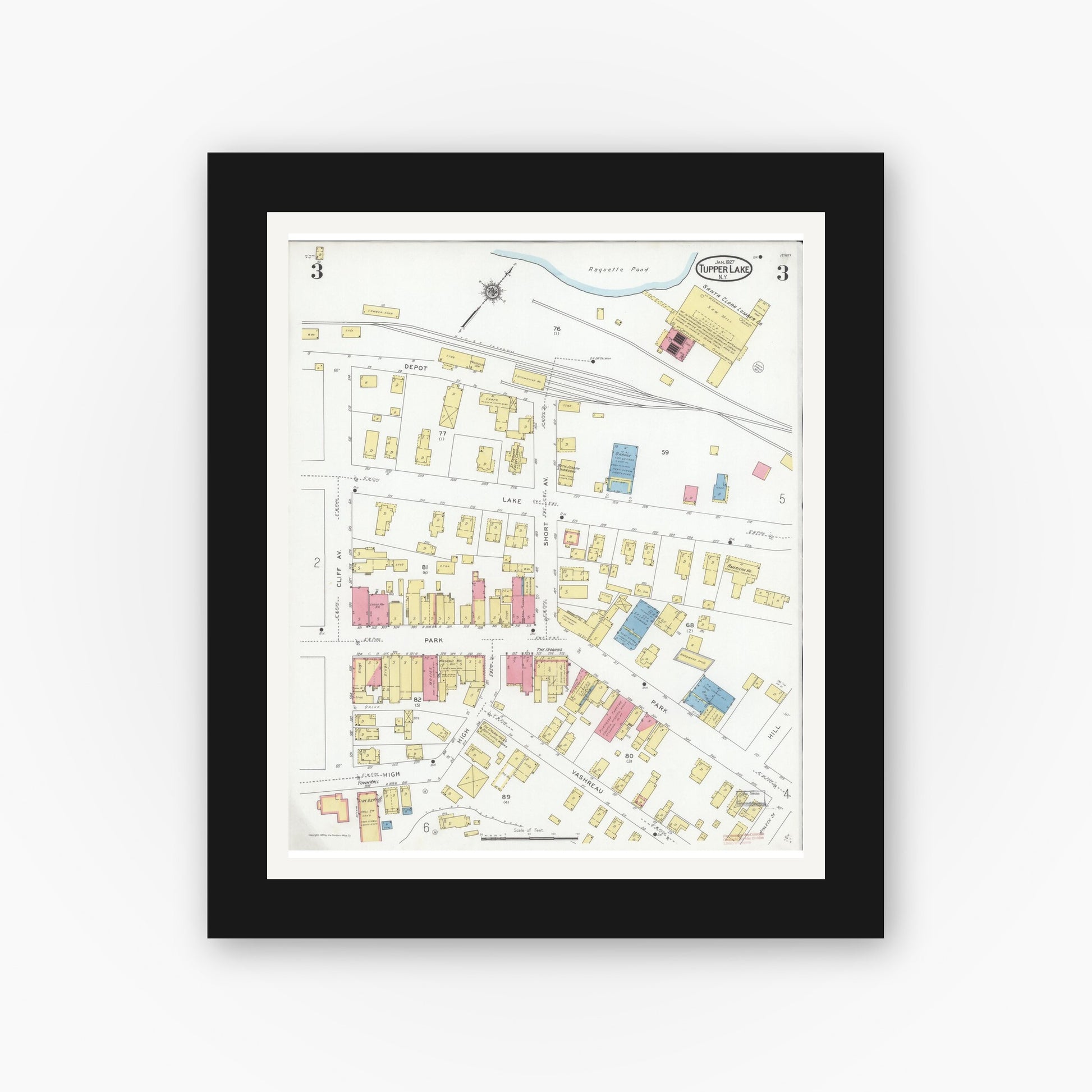 Old map wall art mockup — black gallery frame with white mat — Sanborn Fire Insurance Map from Tupper Lake, Franklin County, New York (1927), Sheet #0003