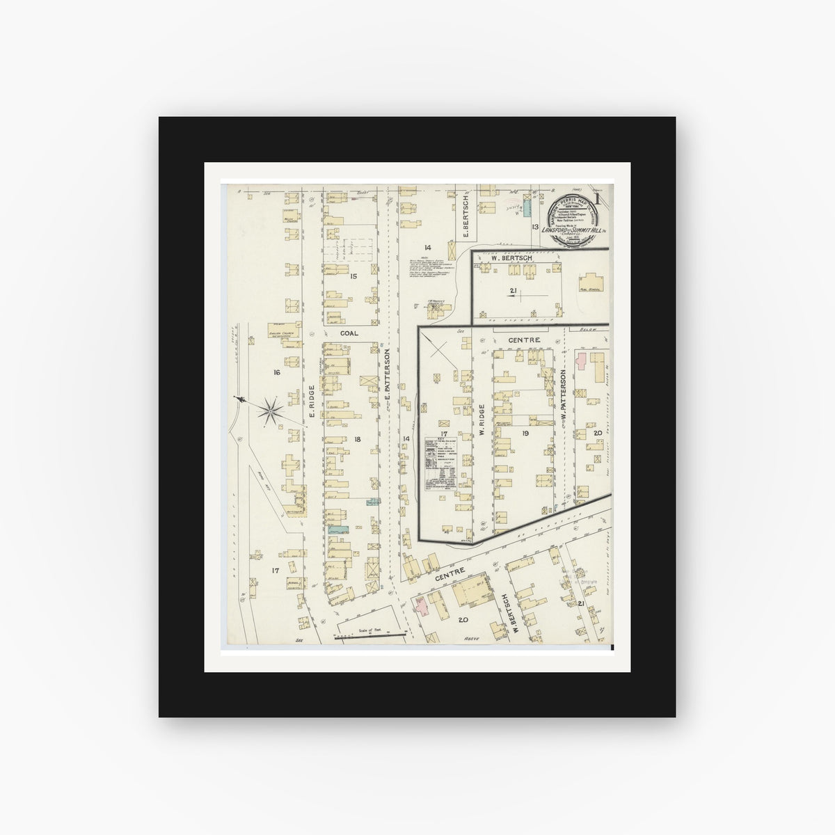 Old map wall art mockup — black gallery frame with white mat — Sanborn Fire Insurance Map from Lansford, Carbon County, Pennsylvania (1891), Sheet #0001
