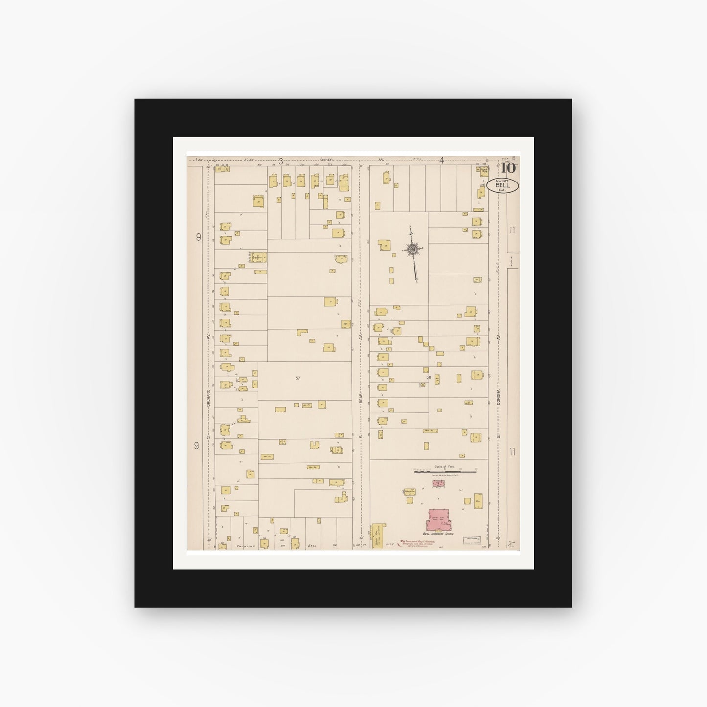 Old map wall art mockup — black gallery frame with white mat — Sanborn Fire Insurance Map from Bell, Los Angeles County, California (1922), Sheet #0010