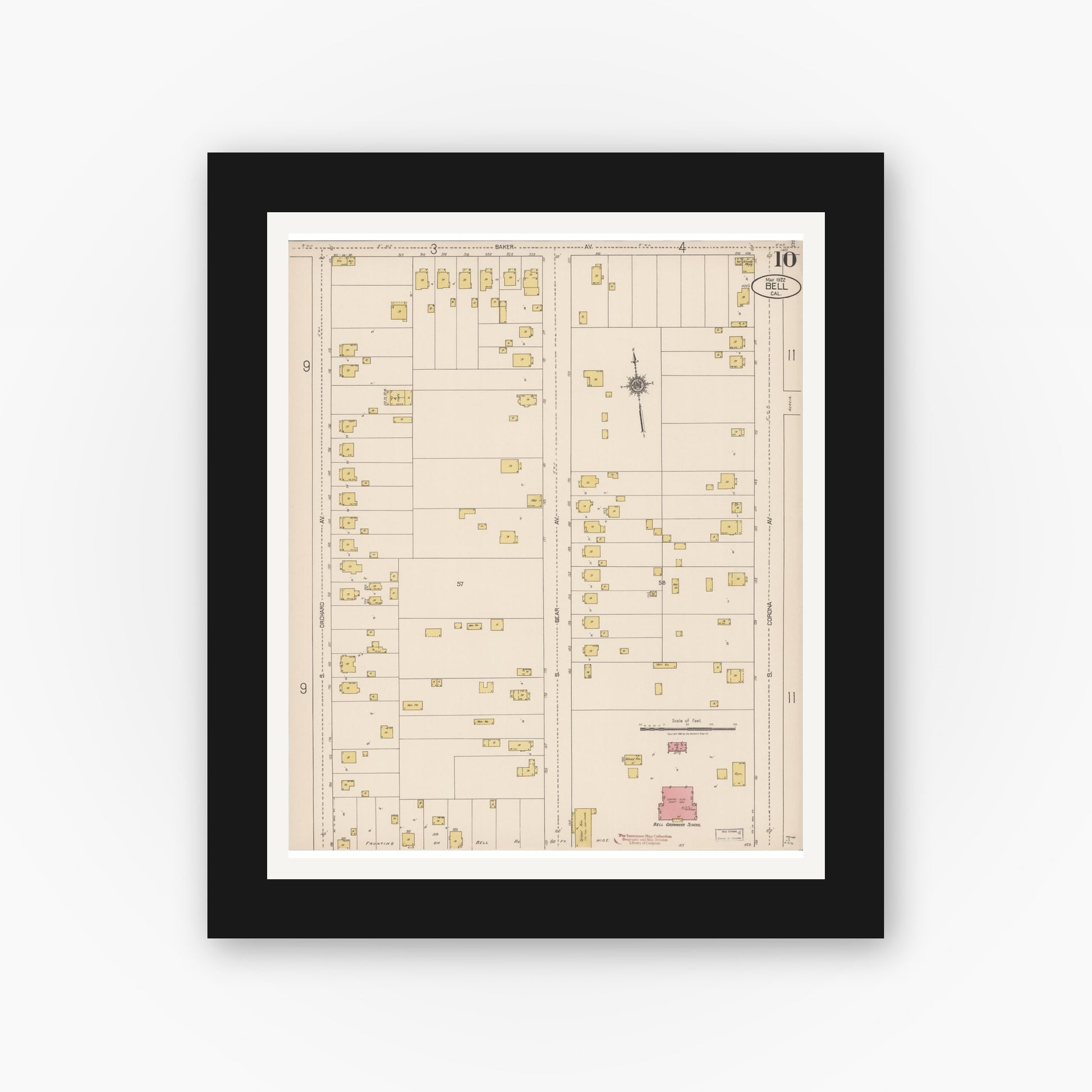 Old map wall art mockup — black gallery frame with white mat — Sanborn Fire Insurance Map from Bell, Los Angeles County, California (1922), Sheet #0010