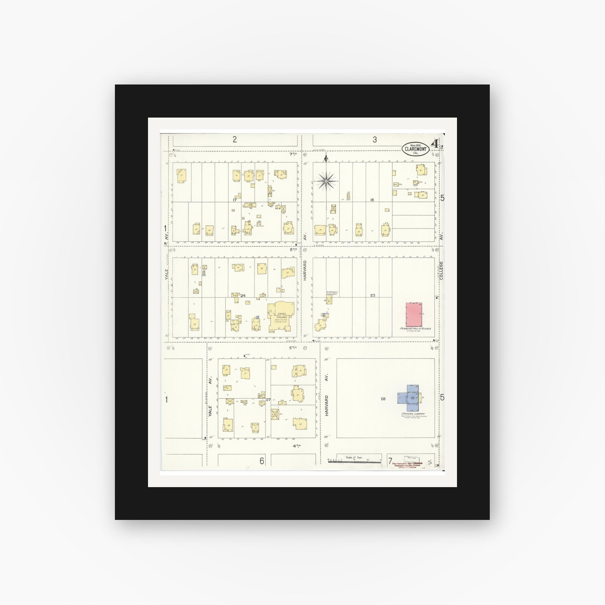 Old map wall art mockup — black gallery frame with white mat — Sanborn Fire Insurance Map from Claremont, Los Angeles County, California (1909), Sheet #0004