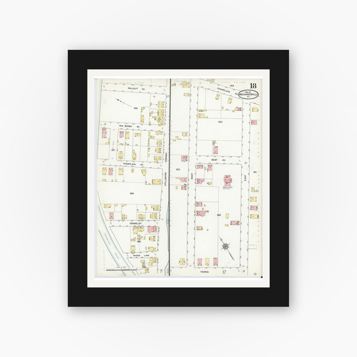 Old map wall art mockup — black gallery frame with white mat — Sanborn Fire Insurance Map from Mechanicville, Saratoga County, New York (1911), Sheet #0018