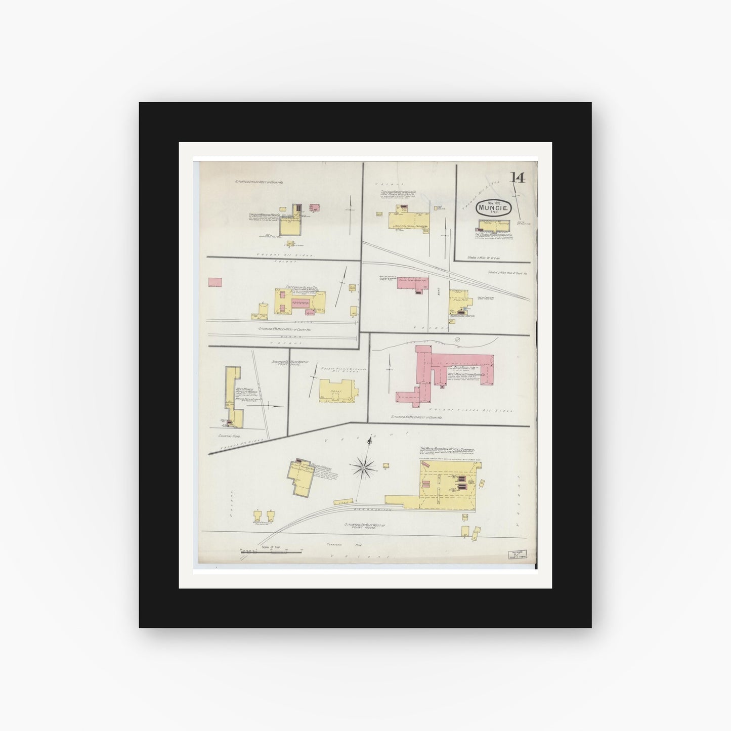 Old map wall art mockup — black gallery frame with white mat — Sanborn Fire Insurance Map from Muncie, Delaware County, Indiana (1892), Sheet #0014