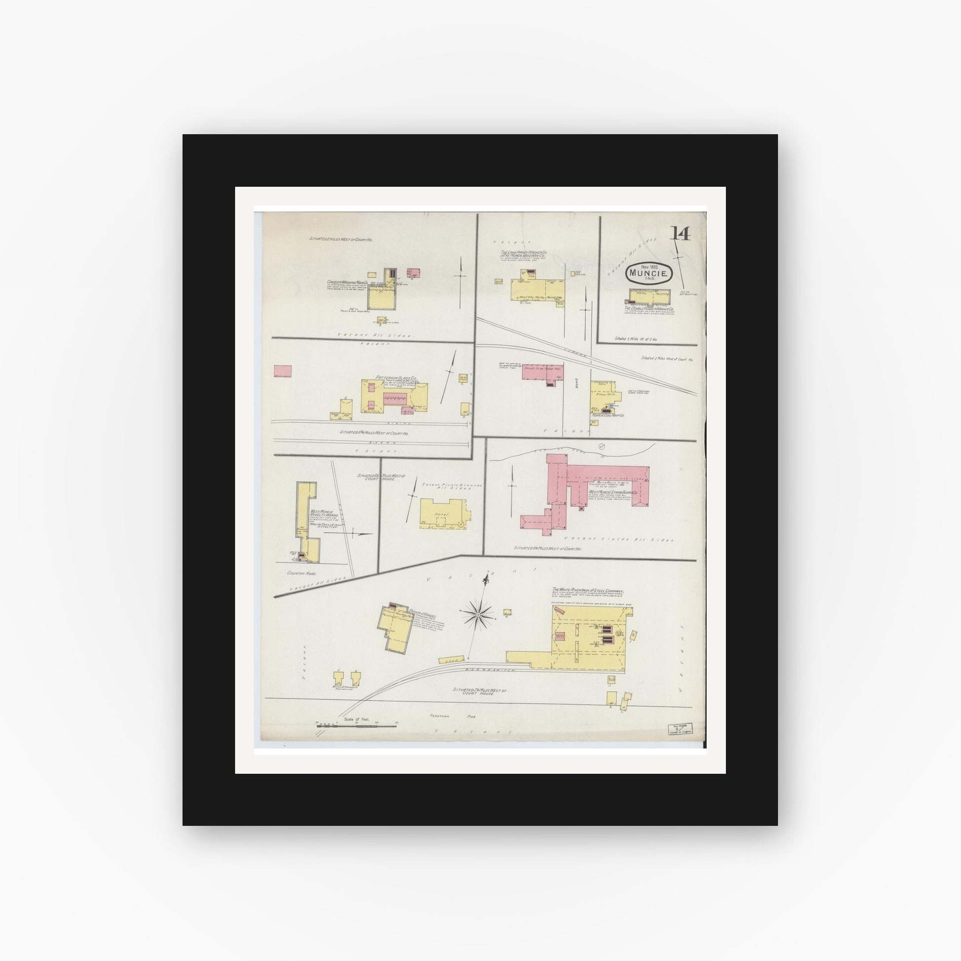 Old map wall art mockup — black gallery frame with white mat — Sanborn Fire Insurance Map from Muncie, Delaware County, Indiana (1892), Sheet #0014