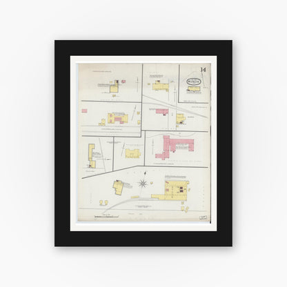Old map wall art mockup — black gallery frame with white mat — Sanborn Fire Insurance Map from Muncie, Delaware County, Indiana (1892), Sheet #0014
