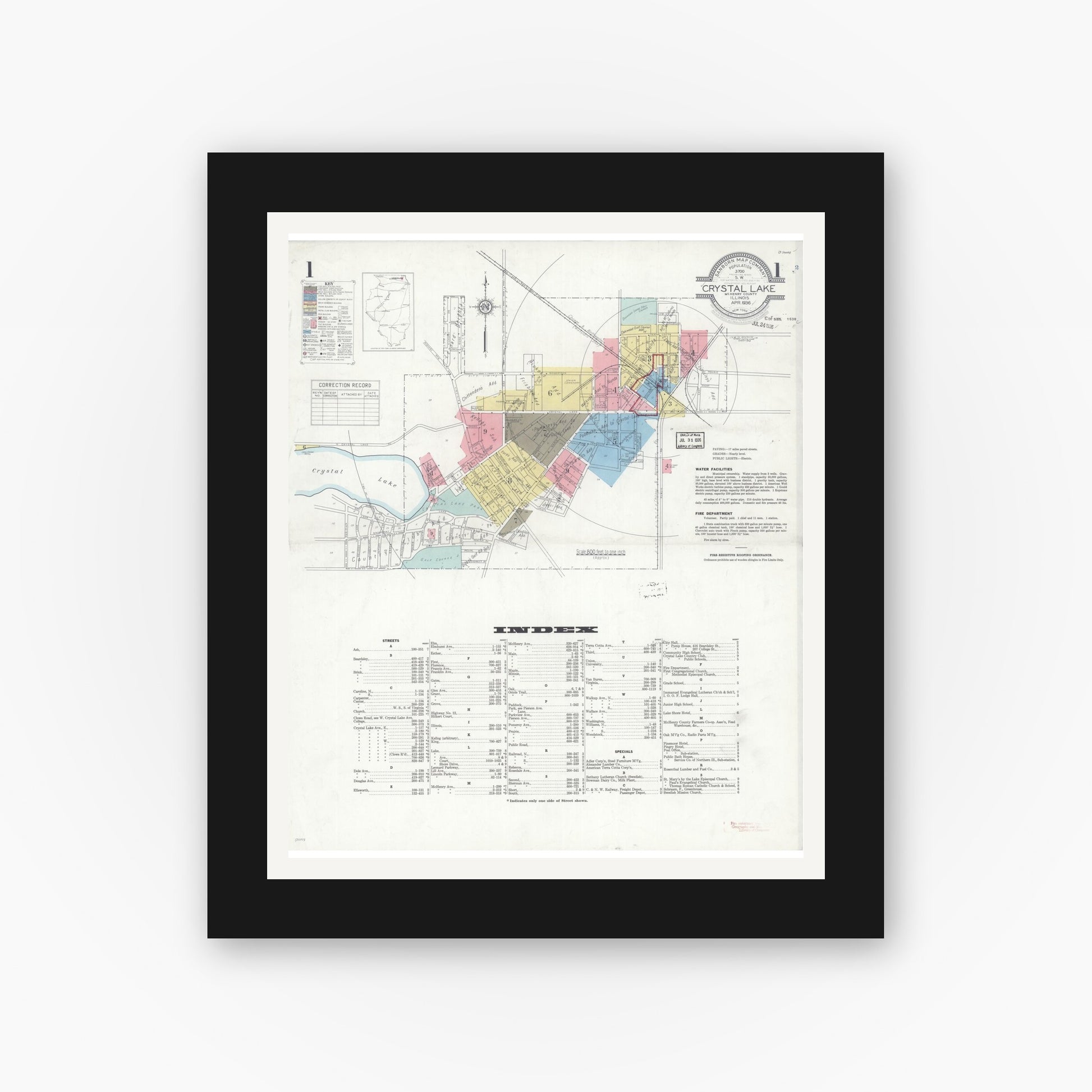 Old map wall art mockup — black gallery frame with white mat — Sanborn Fire Insurance Map from Crystal Lake, McHenry County, Illinois (1936), Sheet #0001