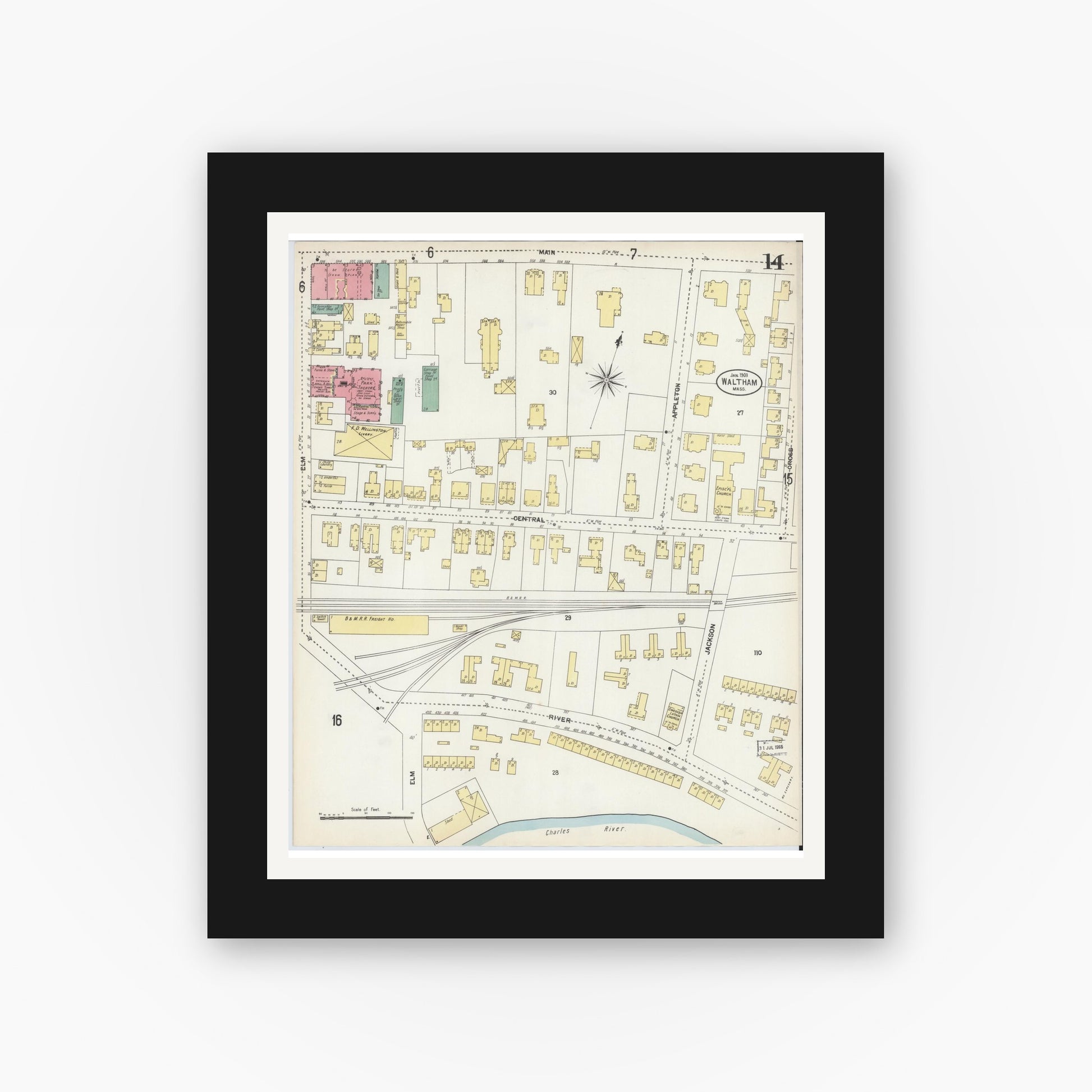 Old map wall art mockup — black gallery frame with white mat — Sanborn Fire Insurance Map from Waltham, Middlesex County, Massachusetts (1903), Sheet #0014