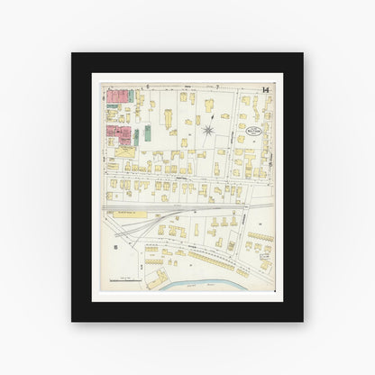 Old map wall art mockup — black gallery frame with white mat — Sanborn Fire Insurance Map from Waltham, Middlesex County, Massachusetts (1903), Sheet #0014