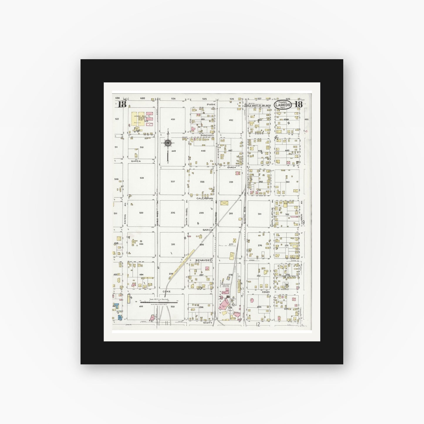 Old map wall art mockup — black gallery frame with white mat — Sanborn Fire Insurance Map from Laredo, Webb County, Texas (1925), Sheet #0018