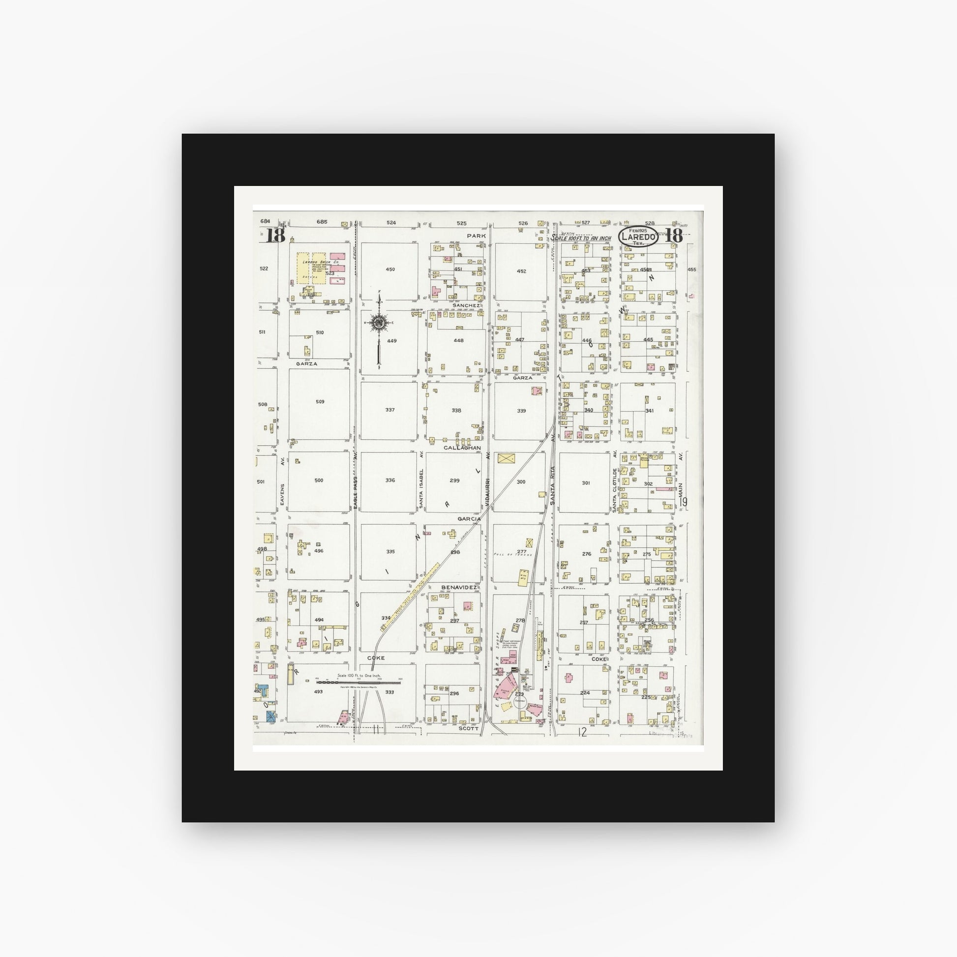 Old map wall art mockup — black gallery frame with white mat — Sanborn Fire Insurance Map from Laredo, Webb County, Texas (1925), Sheet #0018