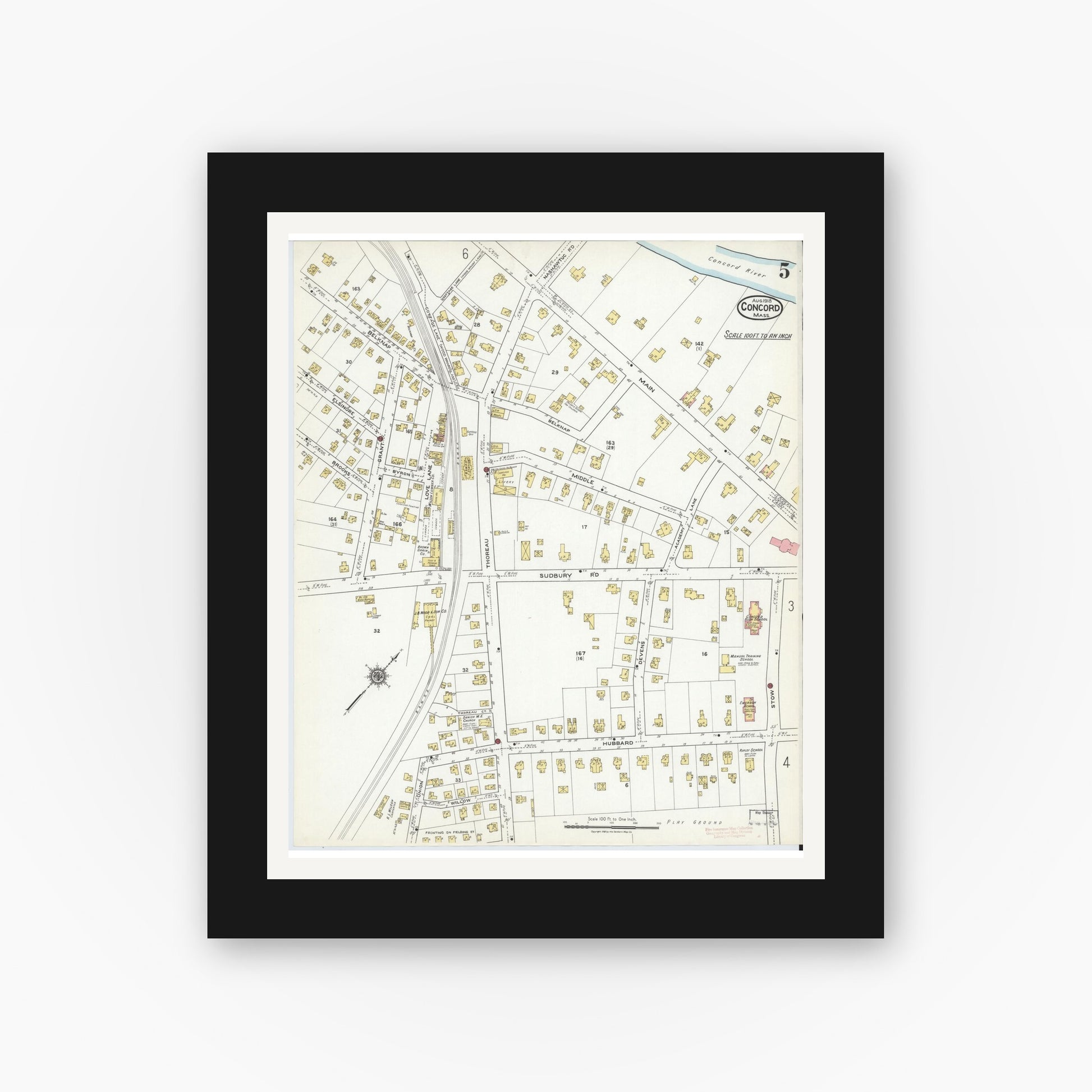 Old map wall art mockup — black gallery frame with white mat — Sanborn Fire Insurance Map from Concord, Middlesex County, Massachusetts (1918), Sheet #0005