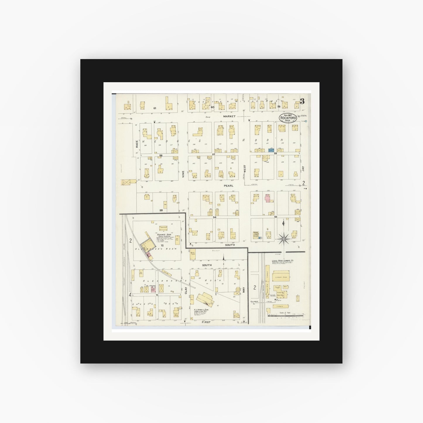 Old map wall art mockup — black gallery frame with white mat — Sanborn Fire Insurance Map from Rockford, Mercer County, Ohio (1907), Sheet #0003
