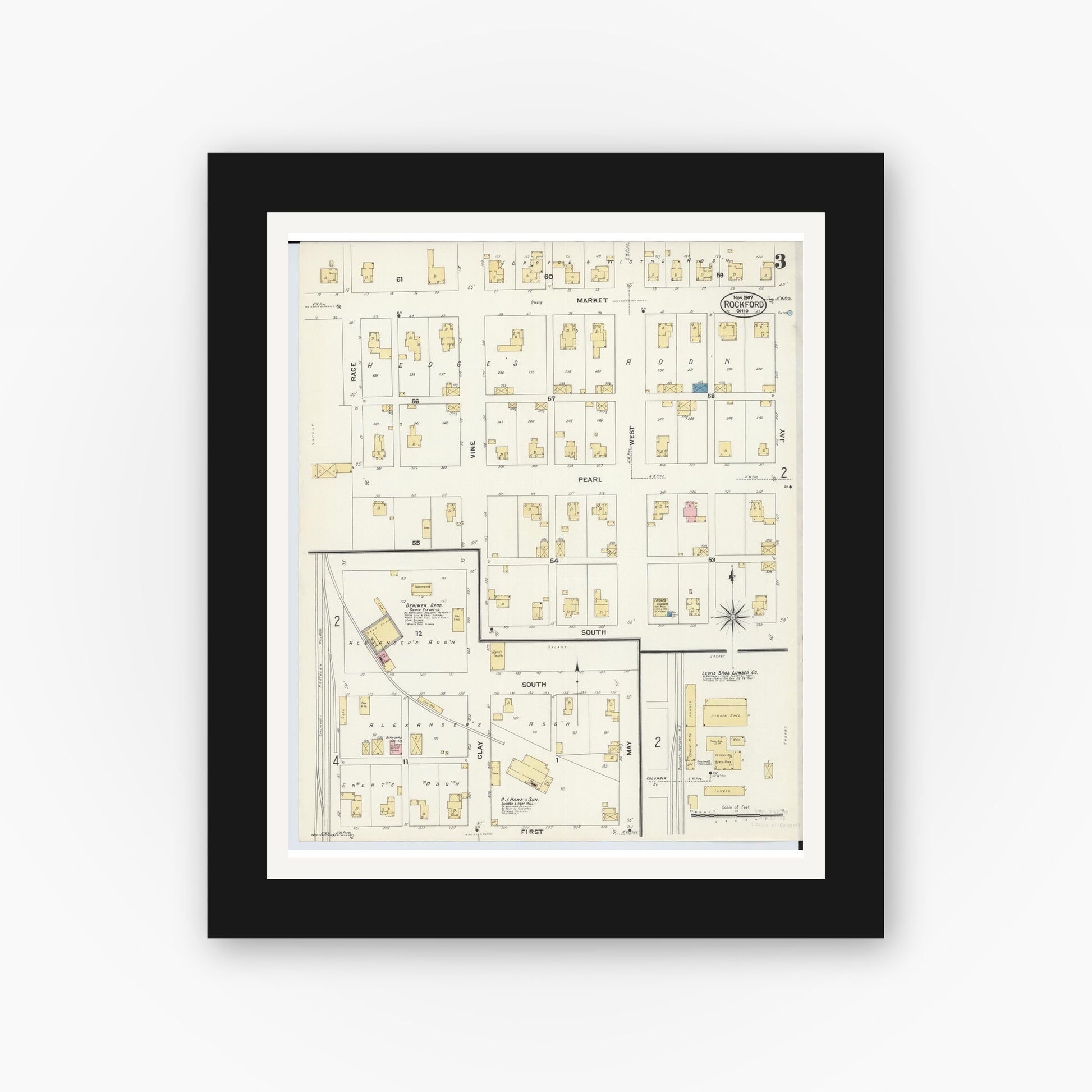 Old map wall art mockup — black gallery frame with white mat — Sanborn Fire Insurance Map from Rockford, Mercer County, Ohio (1907), Sheet #0003