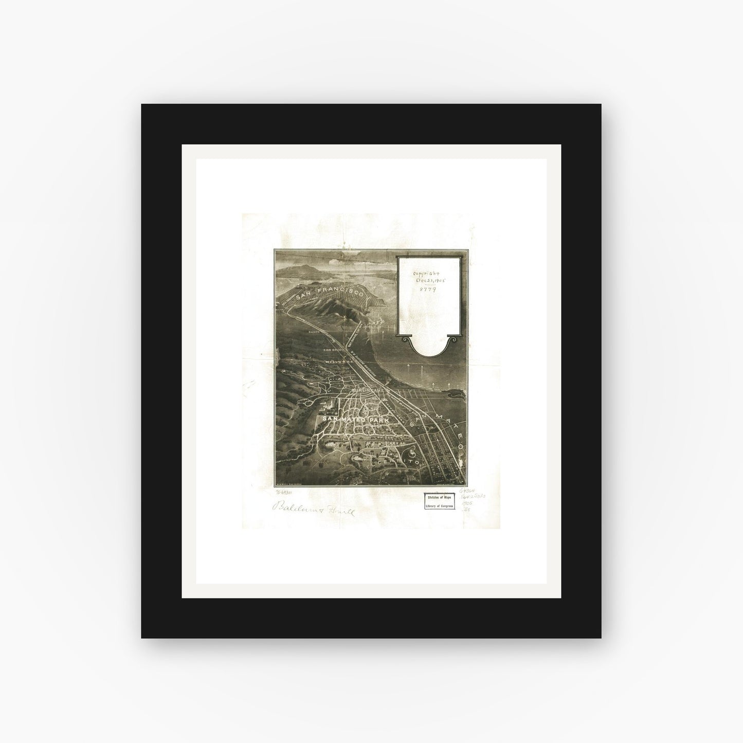 Old map wall art mockup — black gallery frame with white mat — [San Mateo Park. (1905)