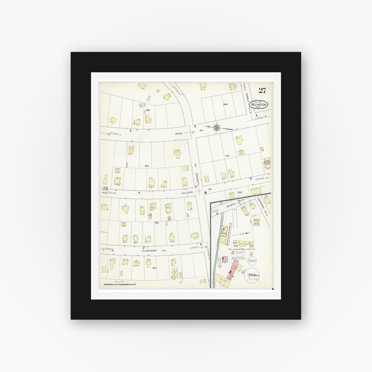 Old map wall art mockup — black gallery frame with white mat — Sanborn Fire Insurance Map from Arlington, Middlesex County, Massachusetts (1914), Sheet #0027
