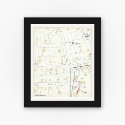 Old map wall art mockup — black gallery frame with white mat — Sanborn Fire Insurance Map from Arlington, Middlesex County, Massachusetts (1914), Sheet #0027