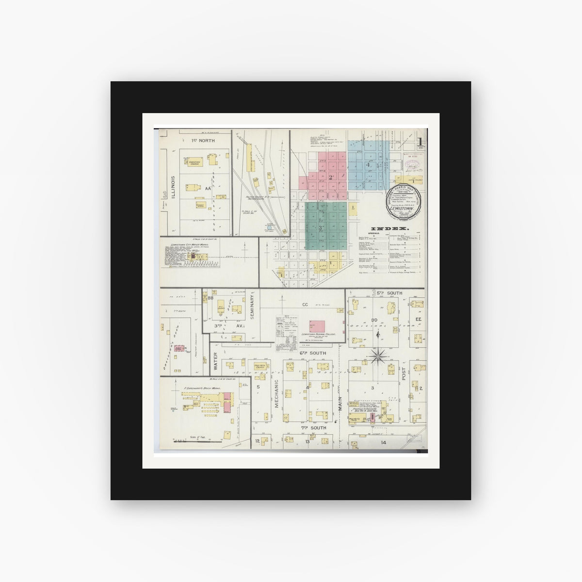 Old map wall art mockup — black gallery frame with white mat — Sanborn Fire Insurance Map from Lewistown, Fulton County, Illinois (1893) - Complete Map Set