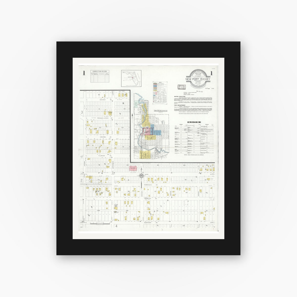 Old map wall art mockup — black gallery frame with white mat — Sanborn Fire Insurance Map from New Port Richey, Pasco County, Florida (1933), Sheet #0001