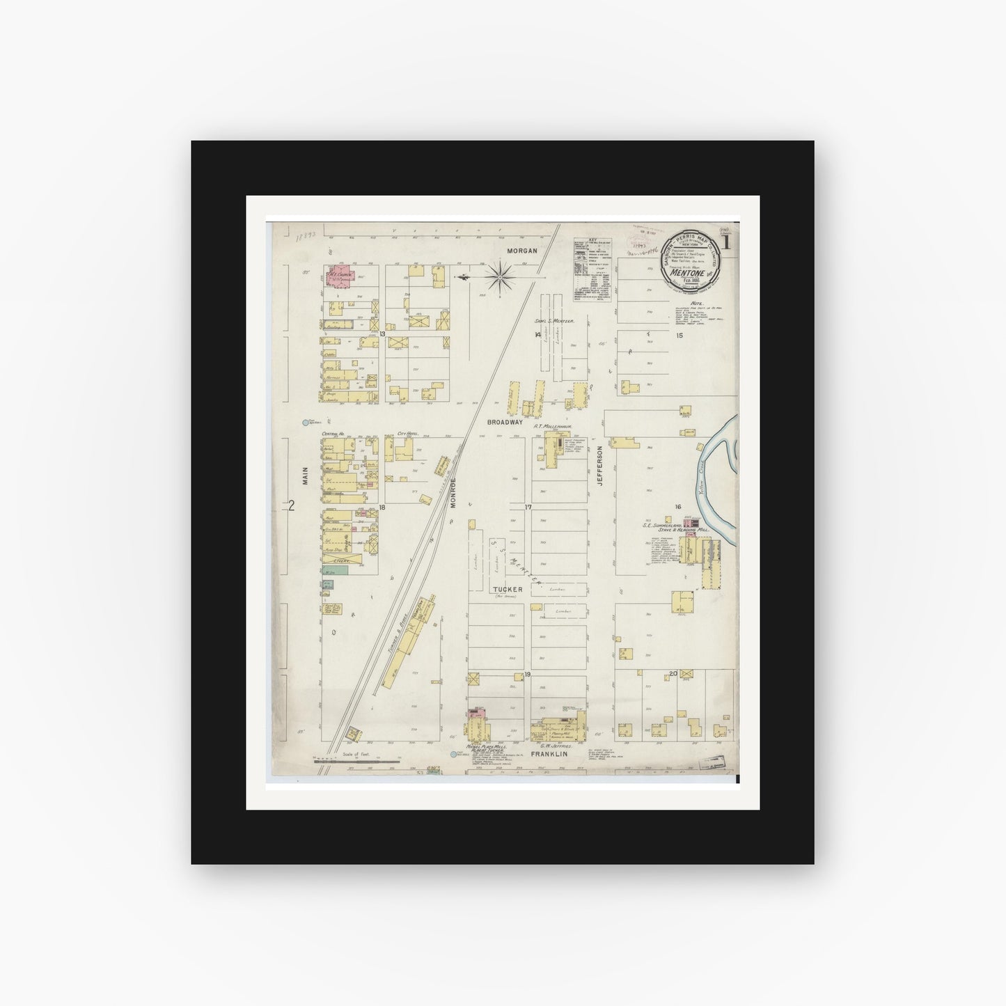 Old map wall art mockup — black gallery frame with white mat — Sanborn Fire Insurance Map from Mentone, Kosciusko County, Indiana (1896) - Complete Map Set