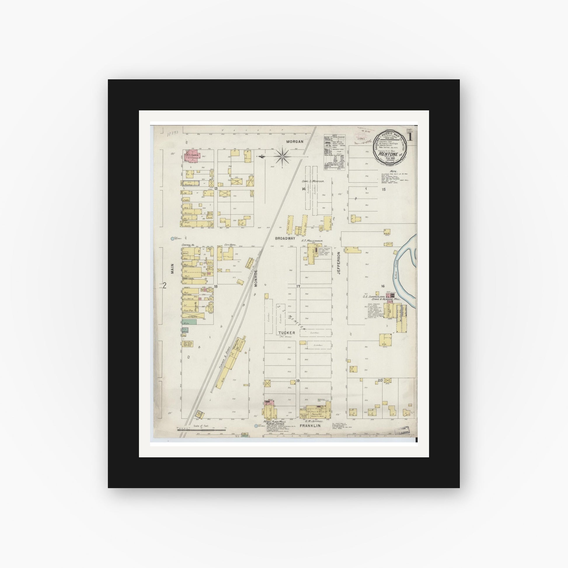 Old map wall art mockup — black gallery frame with white mat — Sanborn Fire Insurance Map from Mentone, Kosciusko County, Indiana (1896) - Complete Map Set