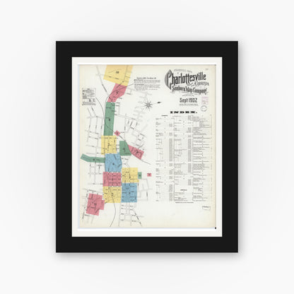 Old map wall art mockup — black gallery frame with white mat — Sanborn Fire Insurance Map from Charlottesville, Independent Cities, Virginia (1902) - Complete Map Set
