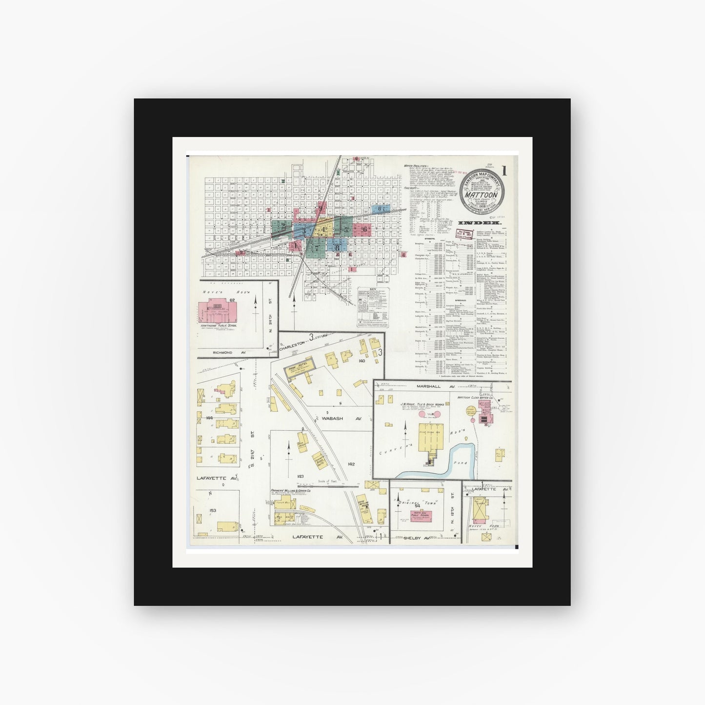 Old map wall art mockup — black gallery frame with white mat — Sanborn Fire Insurance Map from Mattoon, Coles County, Illinois (1909) - Complete Map Set