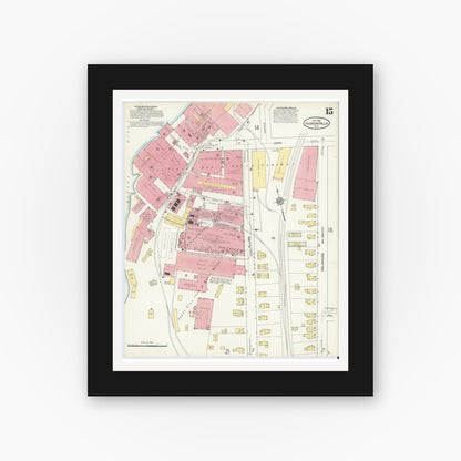 Old map wall art mockup — black gallery frame with white mat — Sanborn Fire Insurance Map from Hudson Falls, Washington County, New York (1913), Sheet #0015