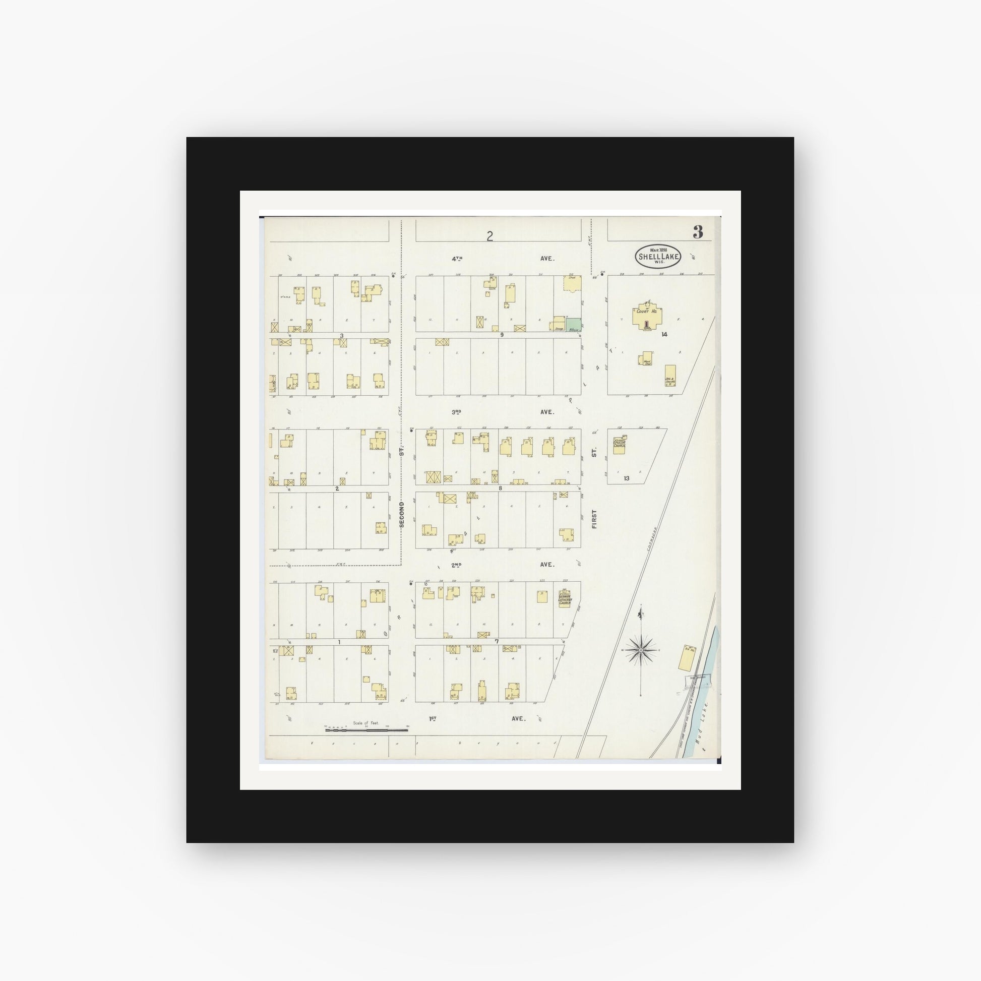 Old map wall art mockup — black gallery frame with white mat — Sanborn Fire Insurance Map from Shell Lake, Washburn County, Wisconsin (1898), Sheet #0003