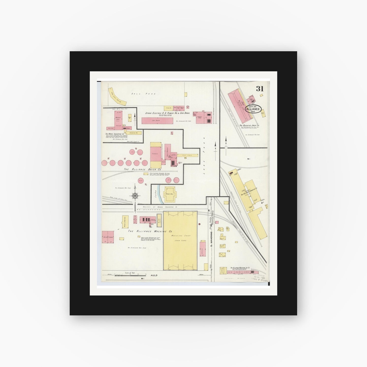 Old map wall art mockup — black gallery frame with white mat — Sanborn Fire Insurance Map from Alliance, Stark County, Ohio (1911), Sheet #0031