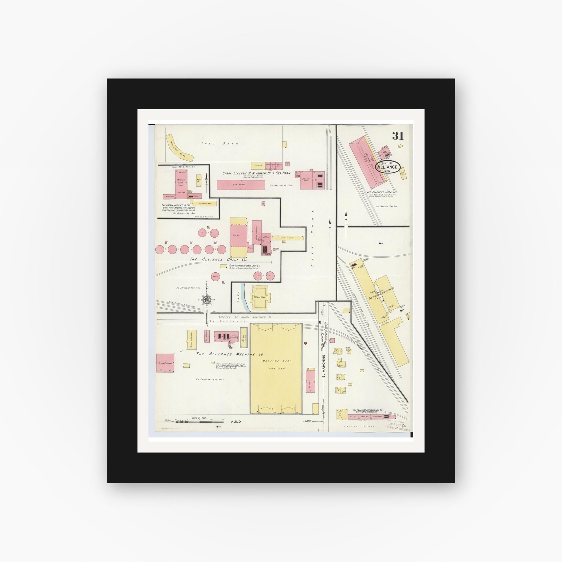 Old map wall art mockup — black gallery frame with white mat — Sanborn Fire Insurance Map from Alliance, Stark County, Ohio (1911), Sheet #0031
