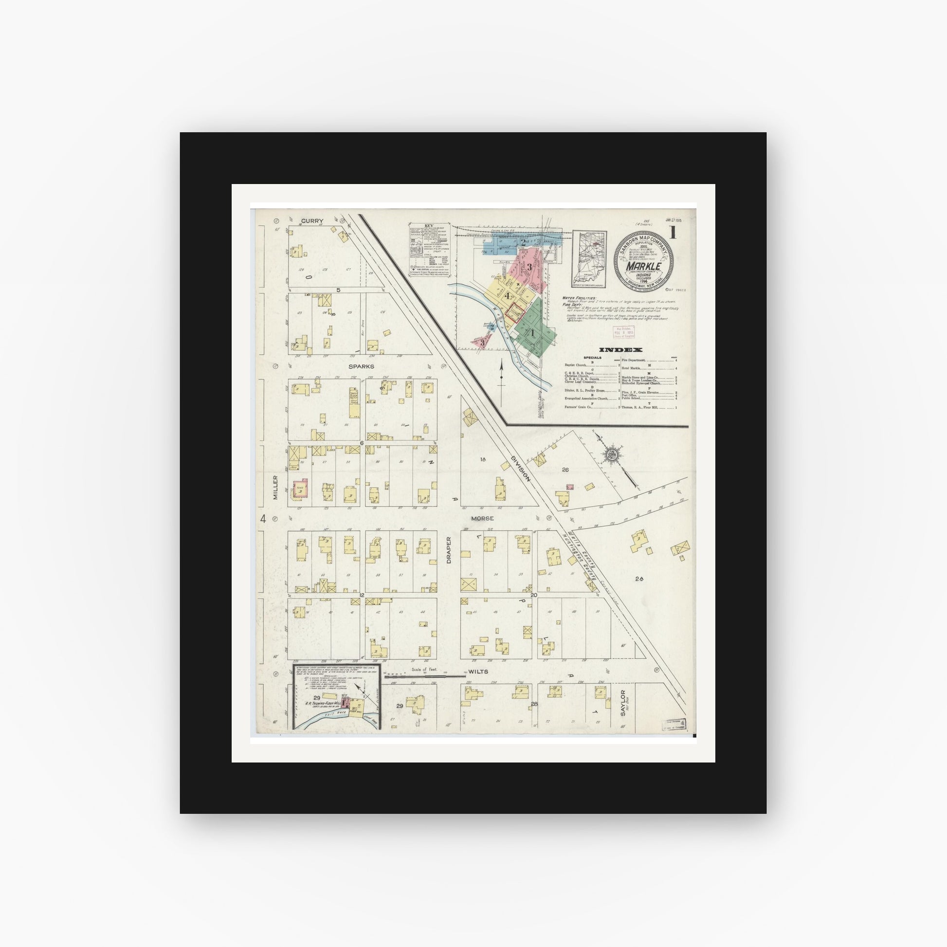 Old map wall art mockup — black gallery frame with white mat — Sanborn Fire Insurance Map from Markle, Huntington County, Indiana (1914) - Complete Map Set