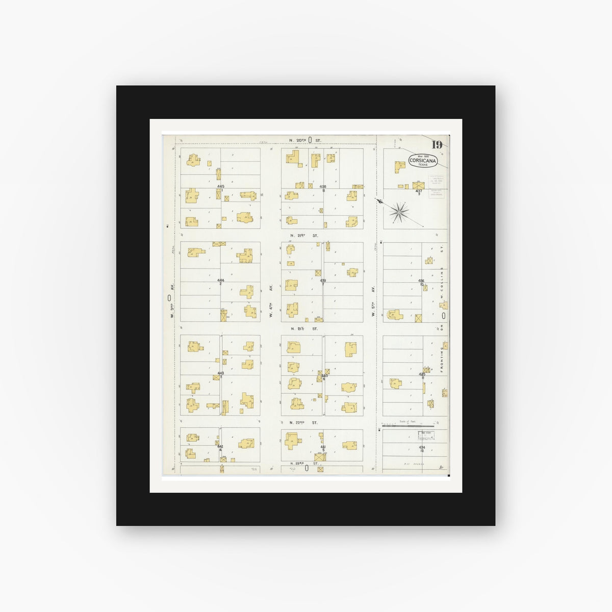 Old map wall art mockup — black gallery frame with white mat — Sanborn Fire Insurance Map from Corsicana, Navarro County, Texas (1900), Sheet #0019