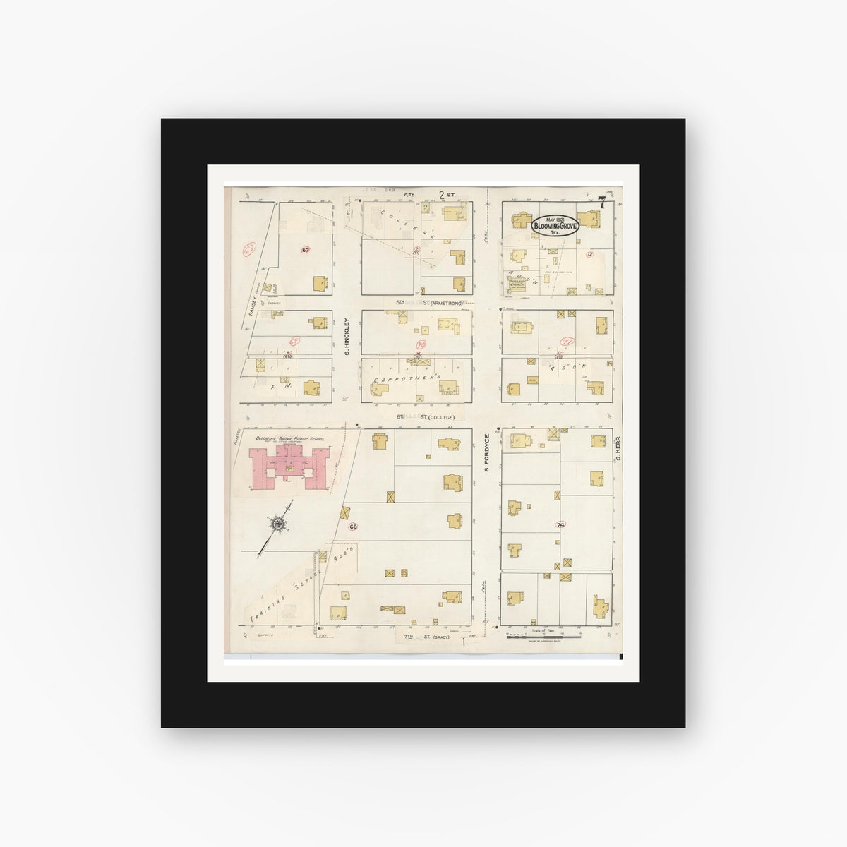 Old map wall art mockup — black gallery frame with white mat — Sanborn Fire Insurance Map from Blooming Grove, Navarro County, Texas (1934), Sheet #0007