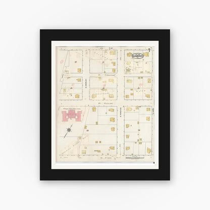 Old map wall art mockup — black gallery frame with white mat — Sanborn Fire Insurance Map from Blooming Grove, Navarro County, Texas (1934), Sheet #0007