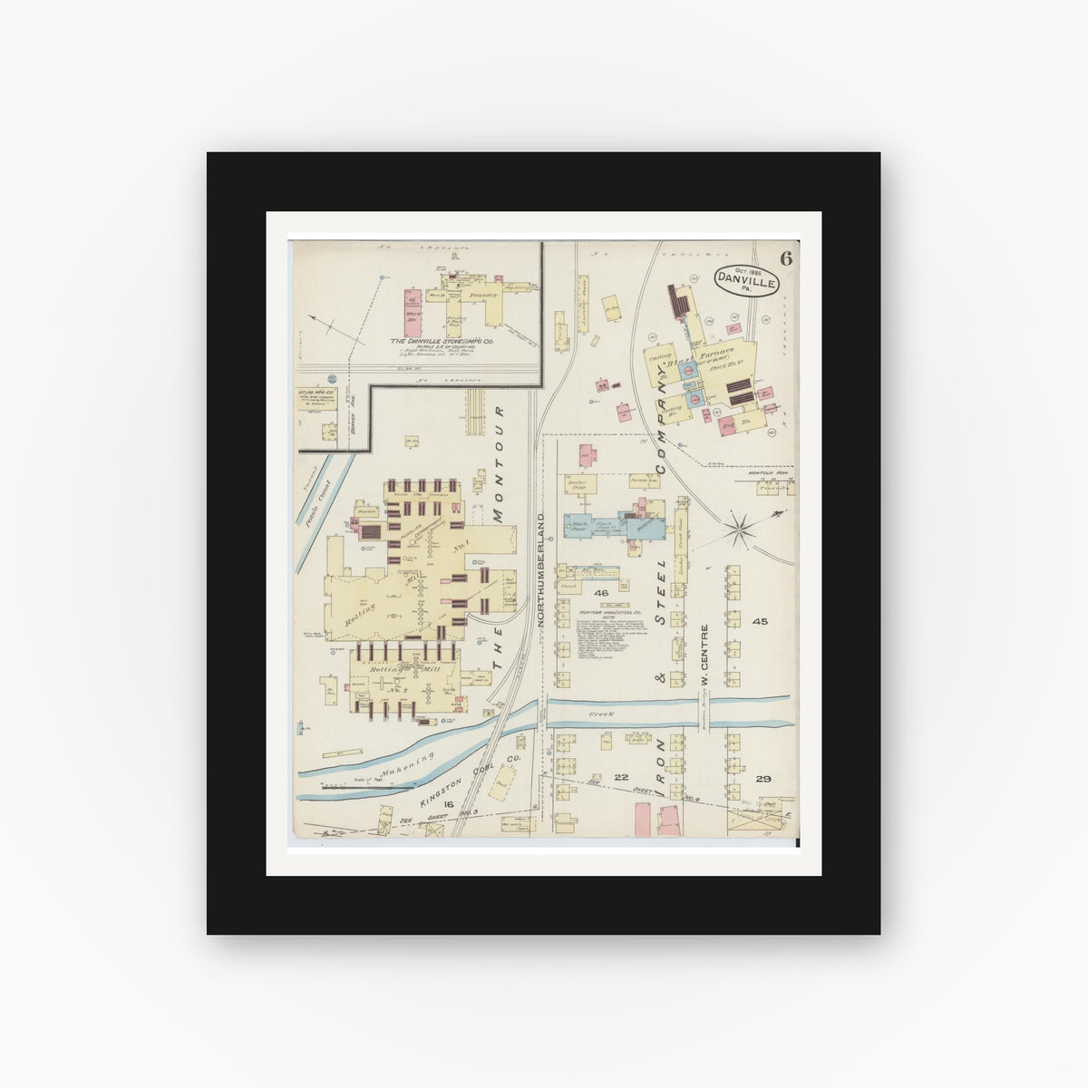Old map wall art mockup — black gallery frame with white mat — Sanborn Fire Insurance Map from Danville, Montour County, Pennsylvania (1885), Sheet #0006